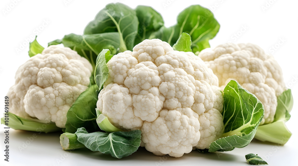 Freshly harvested,organic cauliflower and broccoli florets displayed on a bed of green leaves. This image represents healthy,clean eating,a balanced diet. Freshly harvested,organic cauliflower and broccoli florets displayed on a bed of green leaves. This image represents healthy,clean eating,a balanced diet.