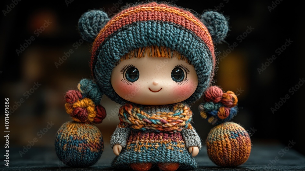 A cute knitted doll with colorful attire and playful accessories. A cute knitted doll with colorful attire and playful accessories.
