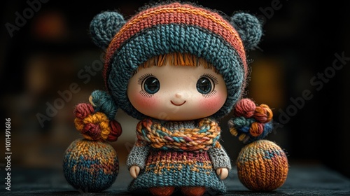 A cute knitted doll with colorful attire and playful accessories.