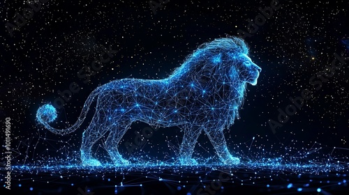 A digital wireframe lion illuminated against a vast cosmic space, showcasing strength and serenity, created through interconnected lines in a futuristic style.