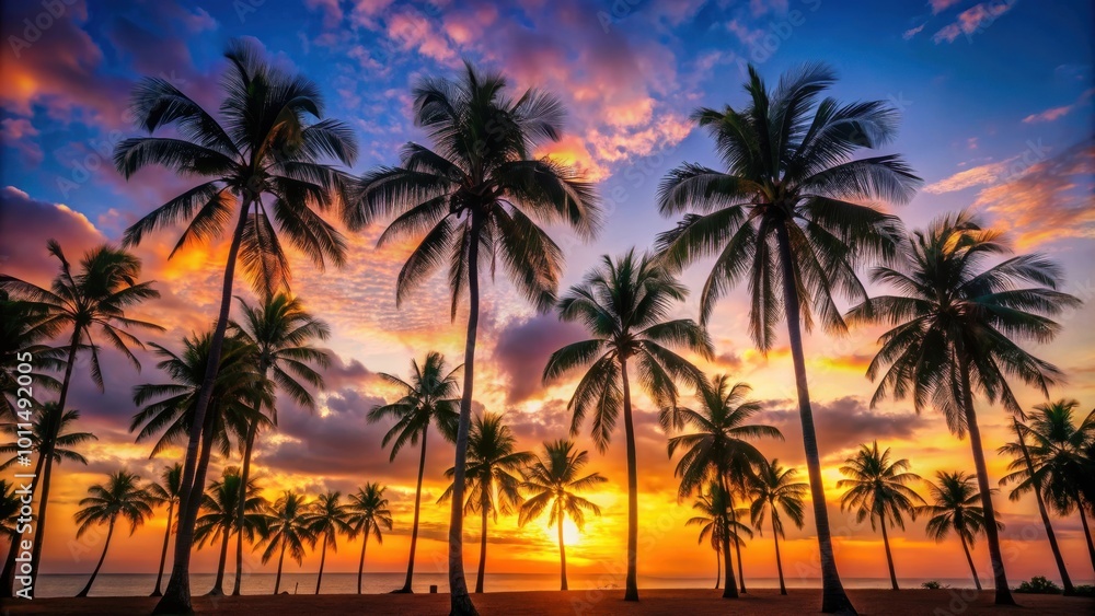 Silhouettes of Palm Trees Against a Vibrant Sunset Sky, Creating a Serene and Tropical Atmosphere Silhouettes of Palm Trees Against a Vibrant Sunset Sky, Creating a Serene and Tropical Atmosphere