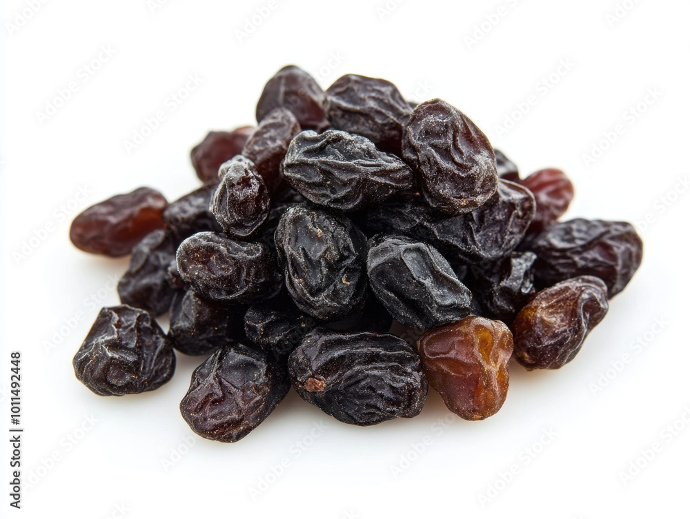 A colorful mix of dried grapes displayed on a white background A colorful mix of dried grapes displayed on a white background