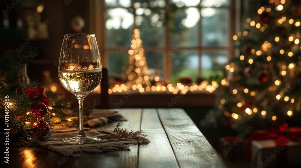 Fototapeta premium A wine glass on an elegantly decorated table, framed by beautifully lit Christmas trees, and warm light pouring through clear windows.