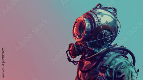 Deep-sea diver in a vintage diving suit with a helmet and gauges, underwater in dark, murky waters. Concept of underwater exploration and history