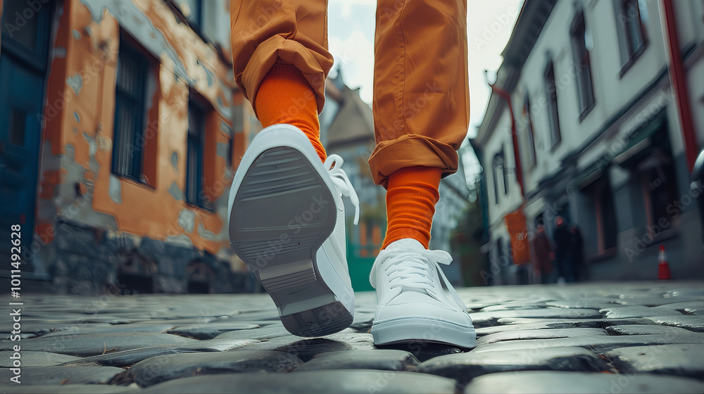 Obraz premium Person walking in the street wearing fashionable orange socks and sneakers, low angle shot.