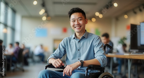 Happy man in wheel chair in the office photo