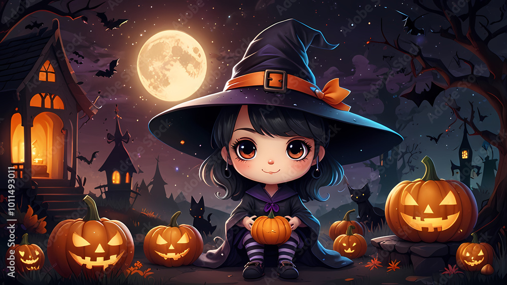 Cute chibi witch surrounded by Halloween-themed attributes Cute chibi witch surrounded by Halloween-themed attributes