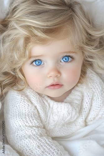 In a cozy, light-filled space, a cute toddler is dressed in soft white clothing