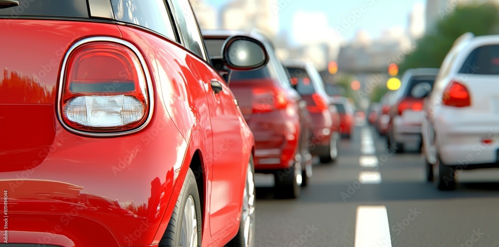 Modern car rear view with brake lights on during rush hour. Concept of being annoyed by traffic jams. Panoramic view of busy road. Modern car rear view with brake lights on during rush hour. Concept of being annoyed by traffic jams. Panoramic view of busy road.