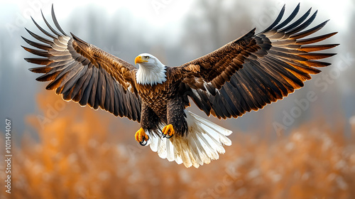 Majestic bald eagle soaring with outstretched wings in a dramatic wilderness landscape,showcasing the power and grace of this iconic bird of prey. The eagle is captured mid-flight.