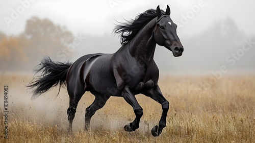 Majestic black horse galloping with power and speed through an autumn field,its windblown mane flowing gracefully,capturing the beauty and freedom of nature.