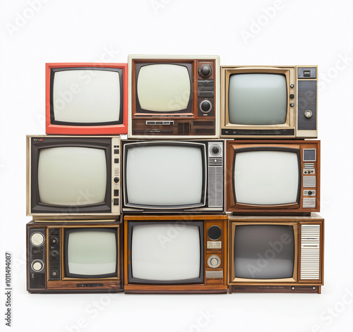 Stacked vintage wooden TV boxes with empty screen isolated on white background. Retro antique portable television concept.