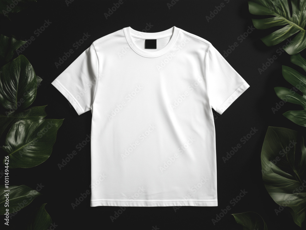White T-shirt dark green leaves background White T-shirt dark green leaves background