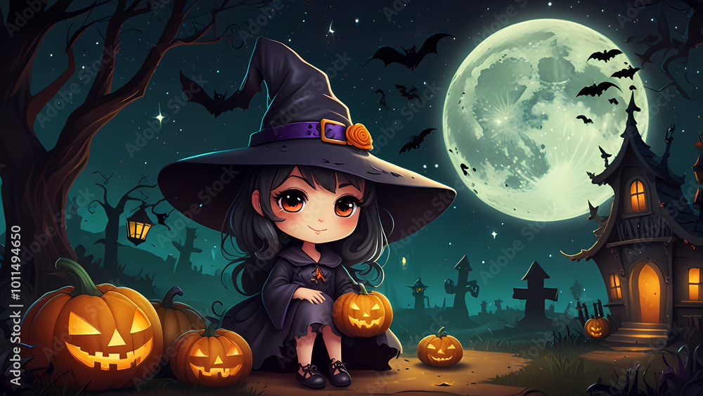 Cute chibi witch surrounded by Halloween-themed attributes Cute chibi witch surrounded by Halloween-themed attributes