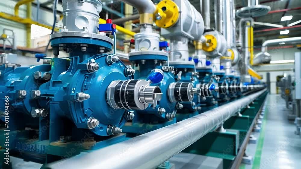 Blue industrial pumps are working inside a modern factory building, demonstrating innovative engineering and advanced technology Blue industrial pumps are working inside a modern factory building, demonstrating innovative engineering and advanced technology