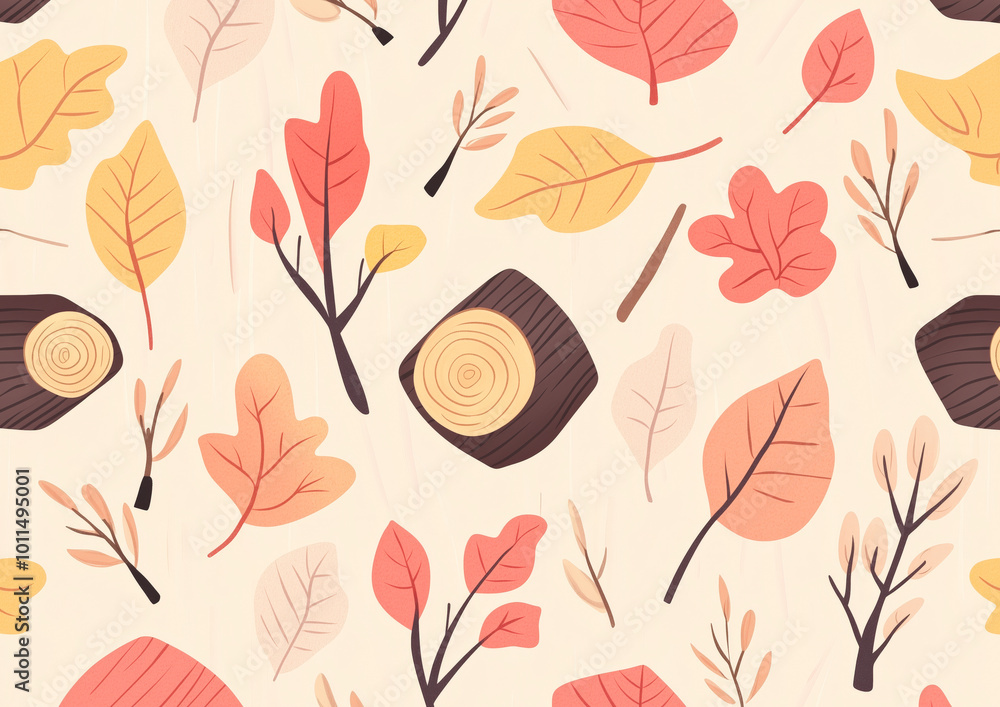 Creative autumn background stump, logs, and autumn leaves on beige backdrop. Creative autumn background stump, logs, and autumn leaves on beige backdrop.