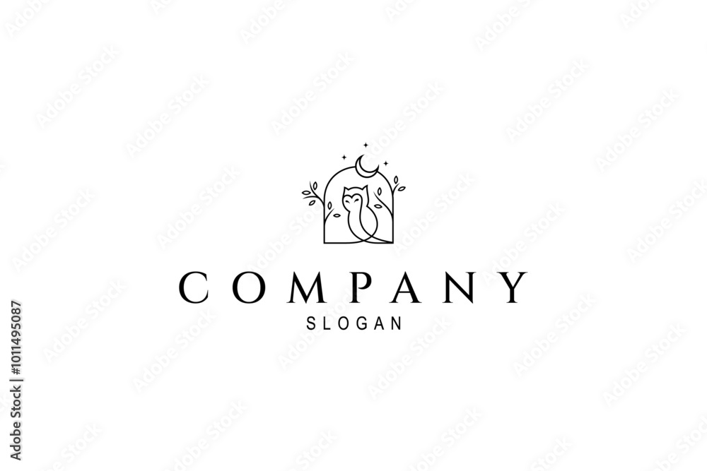 Owl logo in frame decorated with crescent moon and stars in line art design style Owl logo in frame decorated with crescent moon and stars in line art design style