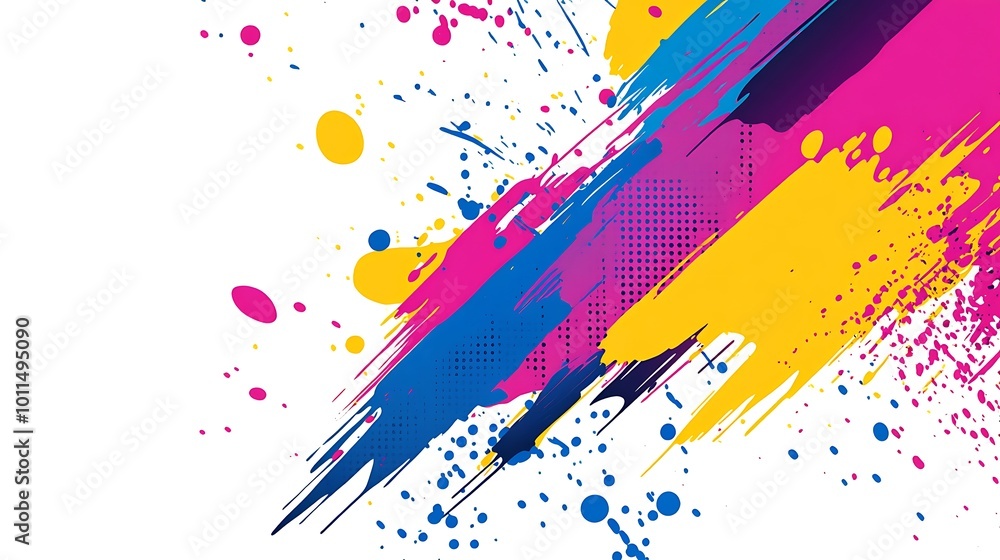 Fototapeta premium Abstract background with colorful paint splatters and streaks on a white background.