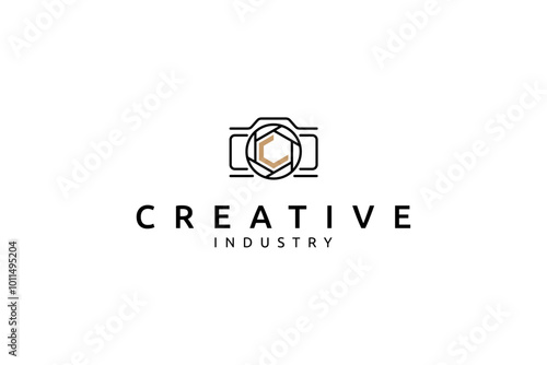 Letter C photography camera logo with minimalist line art vector design style