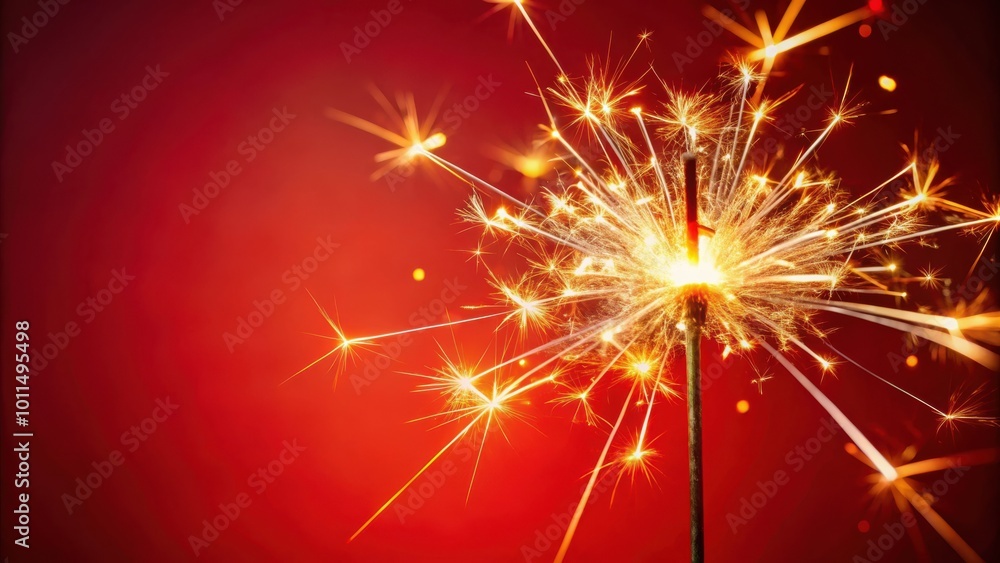Sparkler with a glowing tip against a vibrant red background, radiating a captivating display of sparks and bright light Sparkler with a glowing tip against a vibrant red background, radiating a captivating display of sparks and bright light