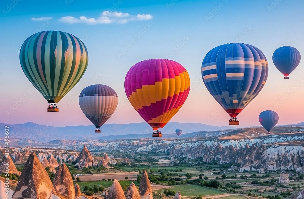 Obraz premium colorful hot air balloons floating over the unique rock formations in Cappadocia, Turkey.
