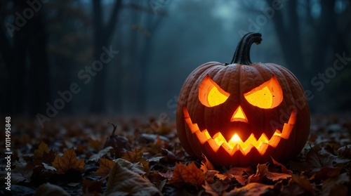 Jack-o’-lantern Glowing Amid Autumn Leaves in Dusky Forest