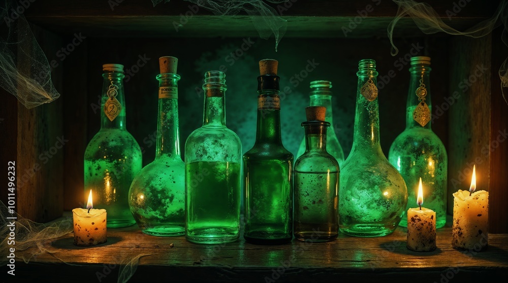 Glowing Green Potion Bottles and Candles on a Dusty Shelf Glowing Green Potion Bottles and Candles on a Dusty Shelf