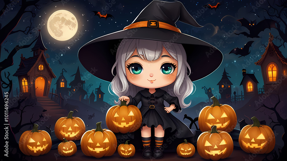 Cute chibi witch surrounded by Halloween-themed attributes Cute chibi witch surrounded by Halloween-themed attributes