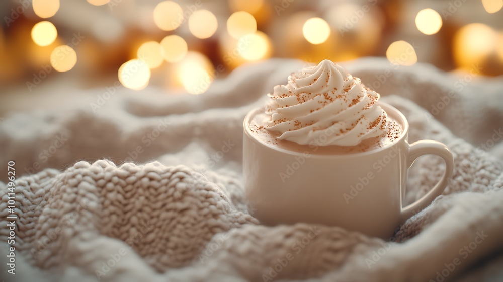 A cup of hot chocolate with swirling whipped cream, resting on a cozy blanket, holiday decorations and lights softly glowing in the background. A cup of hot chocolate with swirling whipped cream, resting on a cozy blanket, holiday decorations and lights softly glowing in the background.
