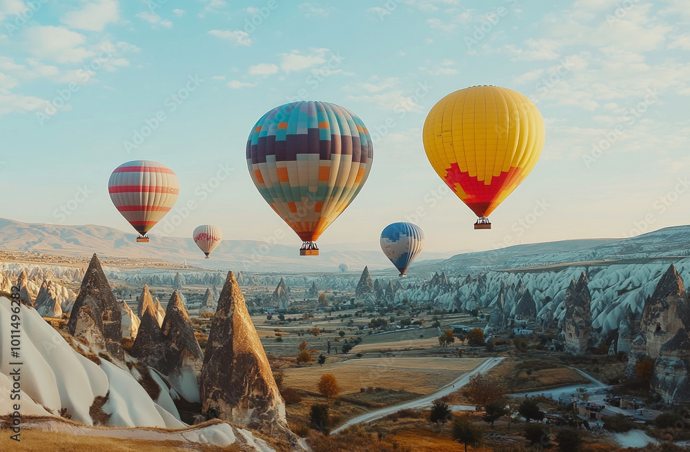 Obraz premium Colorful hot air balloons float over Cappadocia's unique rock formations, creating an enchanting and vibrant scene in the sky