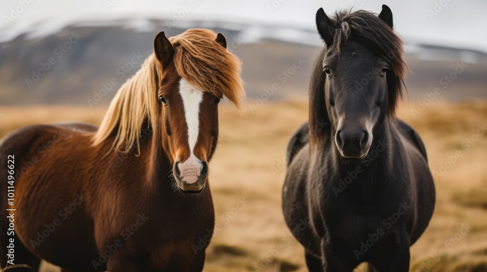 Obraz premium Two Horses in a Field with Mountain View