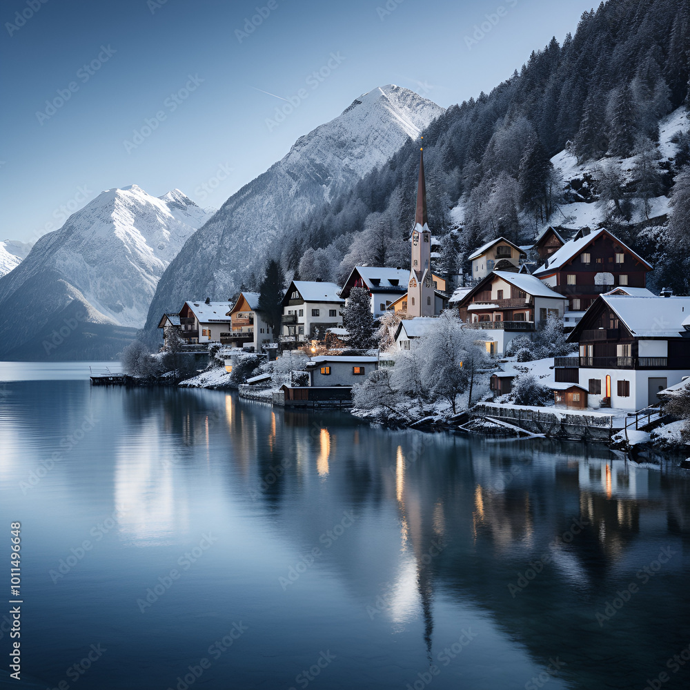 Fototapeta premium beautiful winter snowy town near clear lake