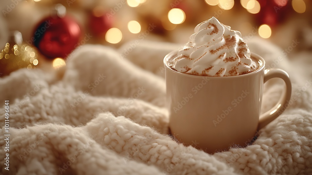 A cup of hot chocolate with whipped cream swirling on top, set on a fluffy blanket with festive decorations in the background. Warm light from holiday lights casting soft shadows, A cup of hot chocolate with whipped cream swirling on top, set on a fluffy blanket with festive decorations in the background. Warm light from holiday lights casting soft shadows,