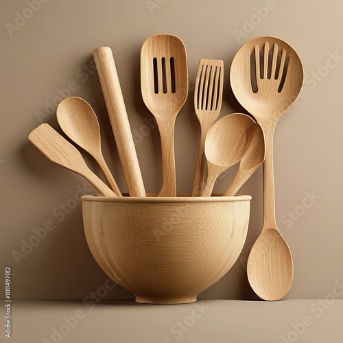 A beautifully arranged collection of wooden cooking utensils, including spoons, spatulas, and a whisk, artfully displayed next to a large, elegant mixing bowl. The utensils showcase their natural grai photo