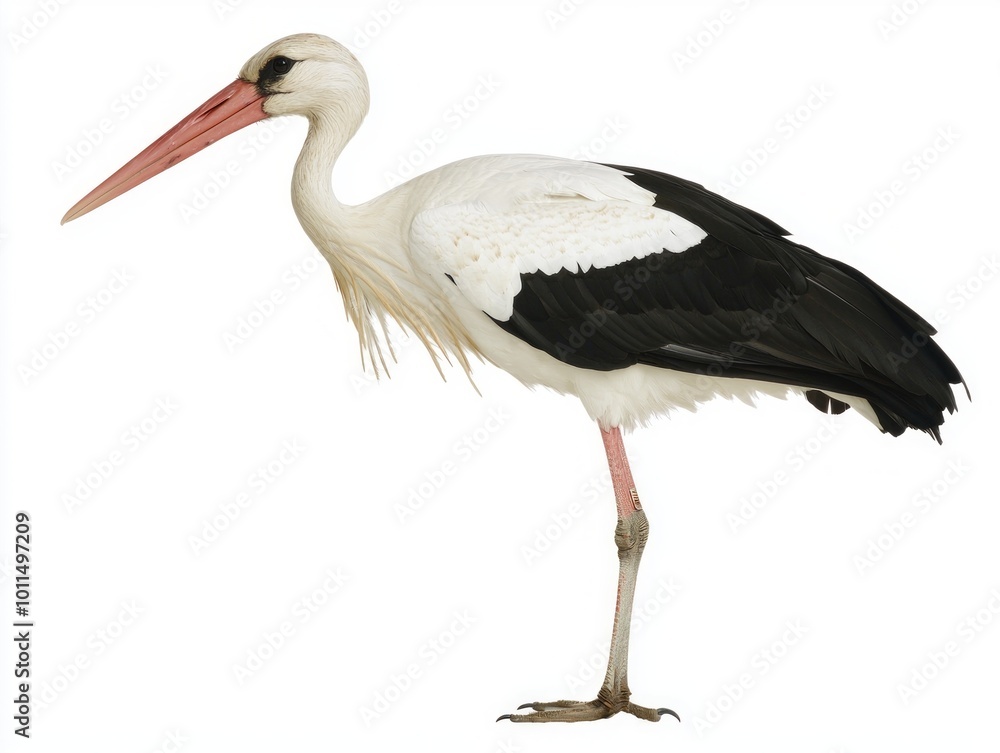 solitary stork balances delicately on one leg, its long neck gracefully lowered, showcasing the elegance of its striking black and white feathers. solitary stork balances delicately on one leg, its long neck gracefully lowered, showcasing the elegance of its striking black and white feathers.