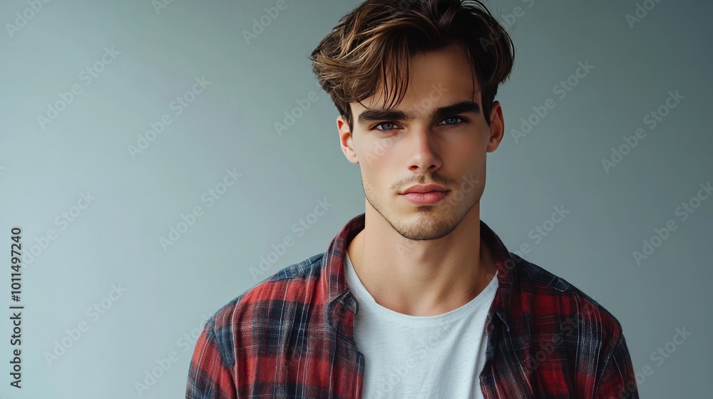 Handsome young man in casual wear looking at camera while standing against grey background Handsome young man in casual wear looking at camera while standing against grey background