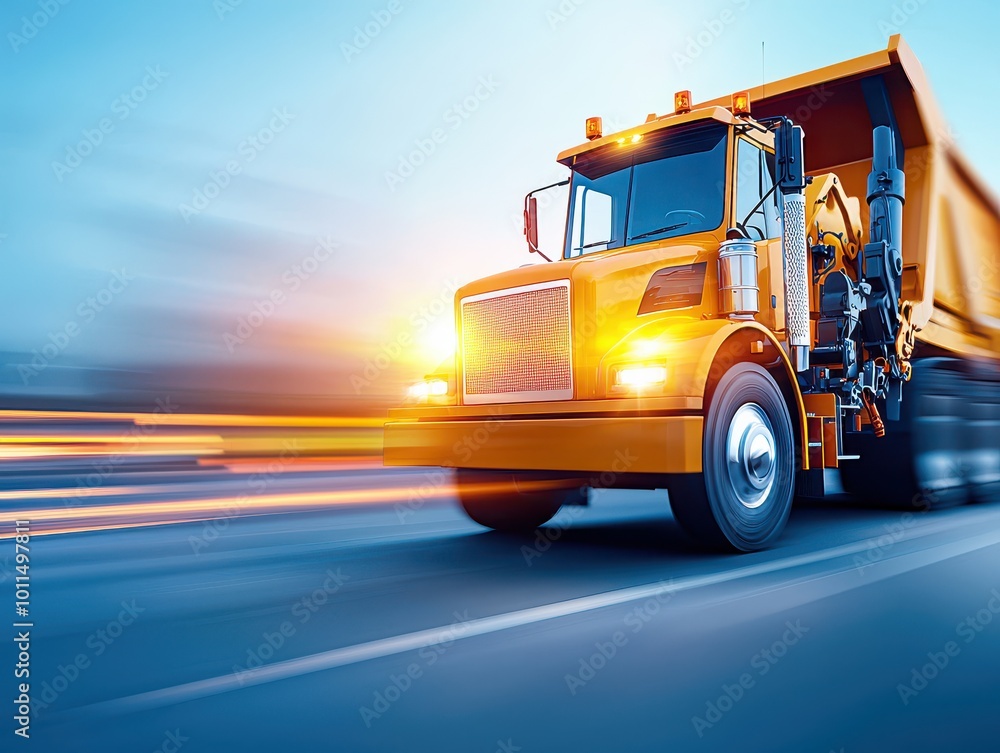 Orange truck in motion on highway Orange truck in motion on highway
