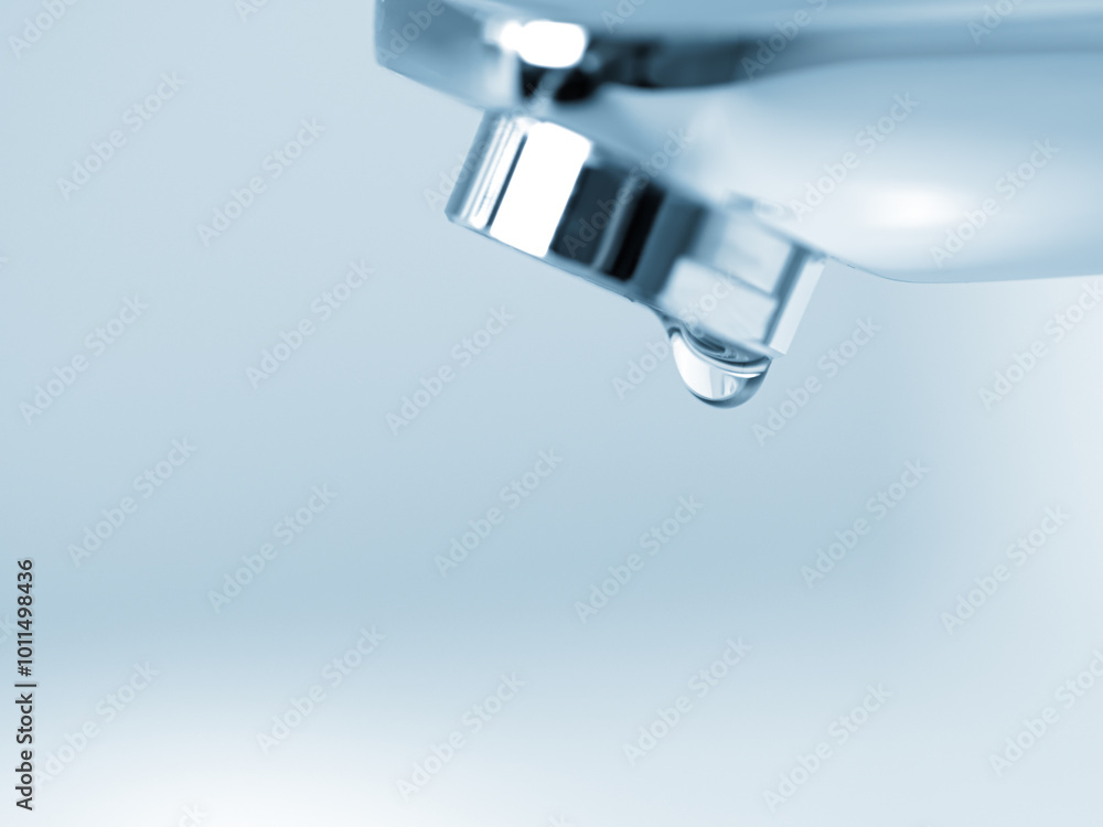 Water dropping from faucet closeup. Keaking and wasting of water. Blue tone Water dropping from faucet closeup. Keaking and wasting of water. Blue tone