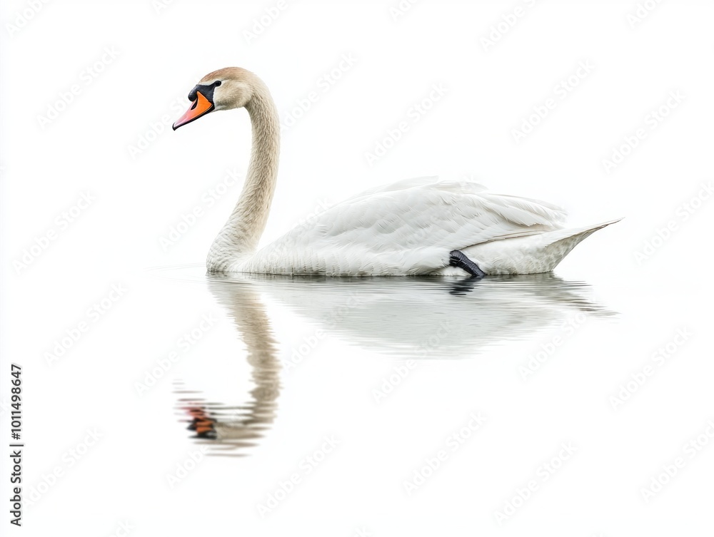 With its long neck gracefully extended, a swan swims effortlessly in calm waters, reflecting a striking image of beauty and elegance on a bright, white background. With its long neck gracefully extended, a swan swims effortlessly in calm waters, reflecting a striking image of beauty and elegance on a bright, white background.