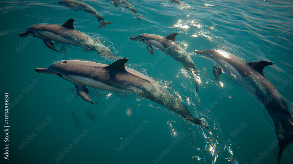 Naklejka premium dolphins gracefully swimming through clear sea water. 