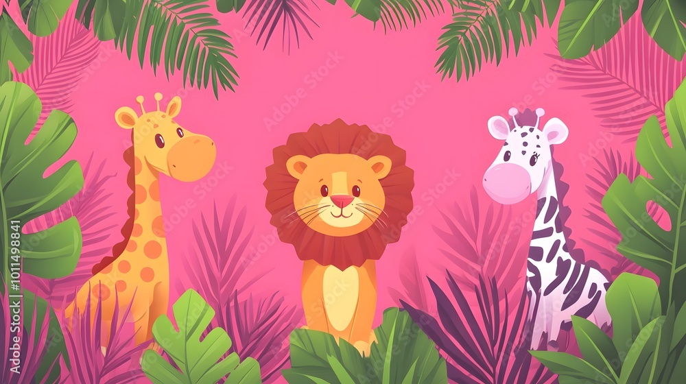 Obraz premium Cute Jungle Animals with Pink Background - Perfect for Kids' Decor
