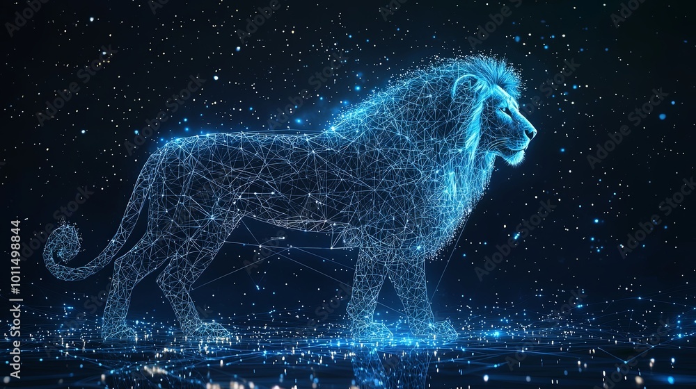 A full-body lion, composed of intricate digital networks glowing amid a vast starry sky, represents power, digital age, and cosmic harmony in one image. A full-body lion, composed of intricate digital networks glowing amid a vast starry sky, represents power, digital age, and cosmic harmony in one image.