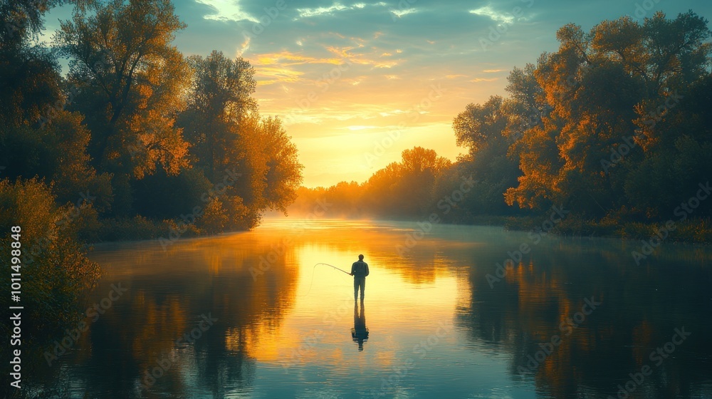 A serene sunset scene of a lone fisherman on a tranquil river. A serene sunset scene of a lone fisherman on a tranquil river.