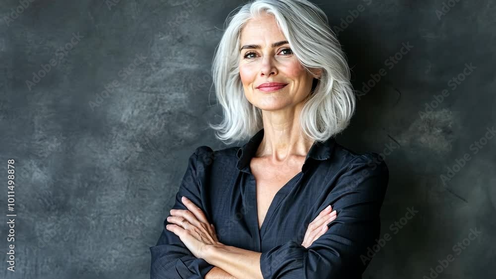 A woman with gray hair smiles confidently, standing in front of a gray background A woman with gray hair smiles confidently, standing in front of a gray background