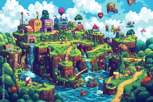 Expansive gaming world filled with collectible items and pixel art style