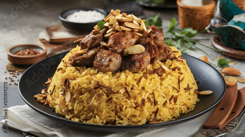 Machboos is a dish of fragrant, spiced rice topped with tender lamb or chicken, infused with saffron and garnished with toasted almonds and fried onions.