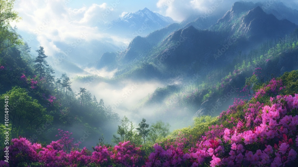 Misty Mountain Landscape with Blooming Rhododendrons Misty Mountain Landscape with Blooming Rhododendrons