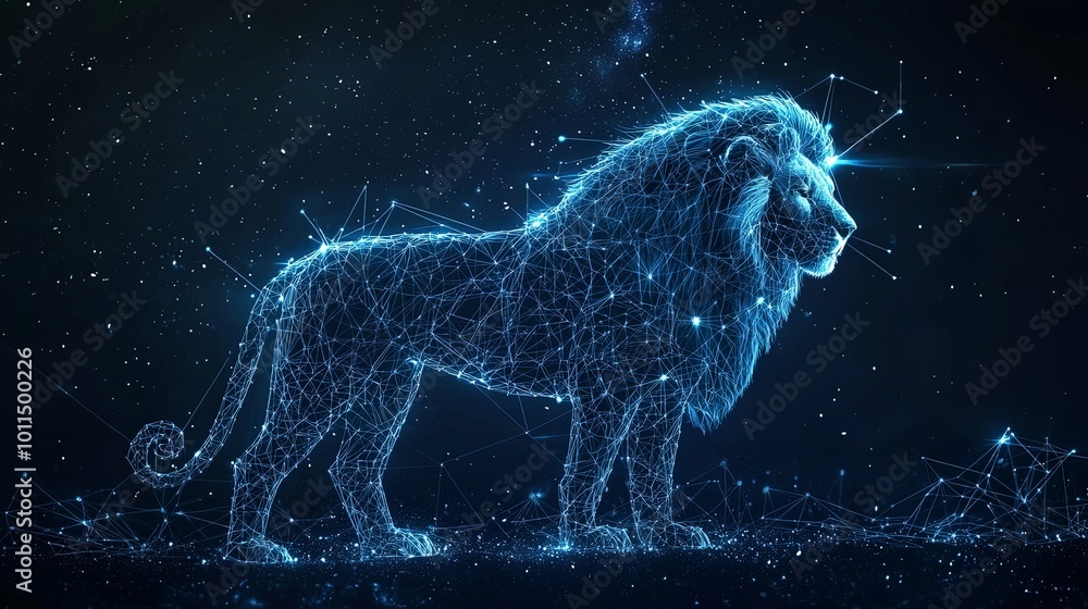 A futuristic digital portrayal of a lion created from glowing wireframe structures against a starry backdrop, symbolizing strength and majesty.