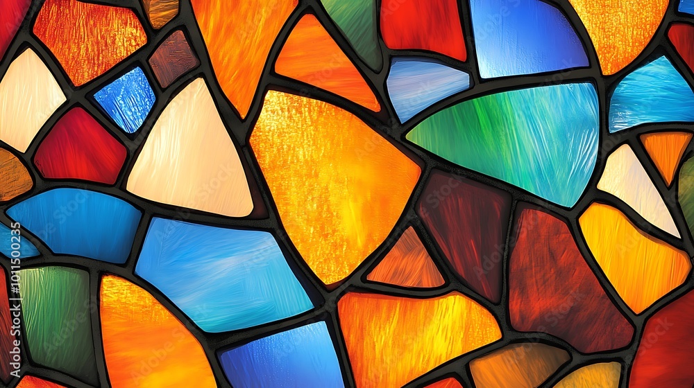 A vibrant, colorful stained glass window with a clear area for text