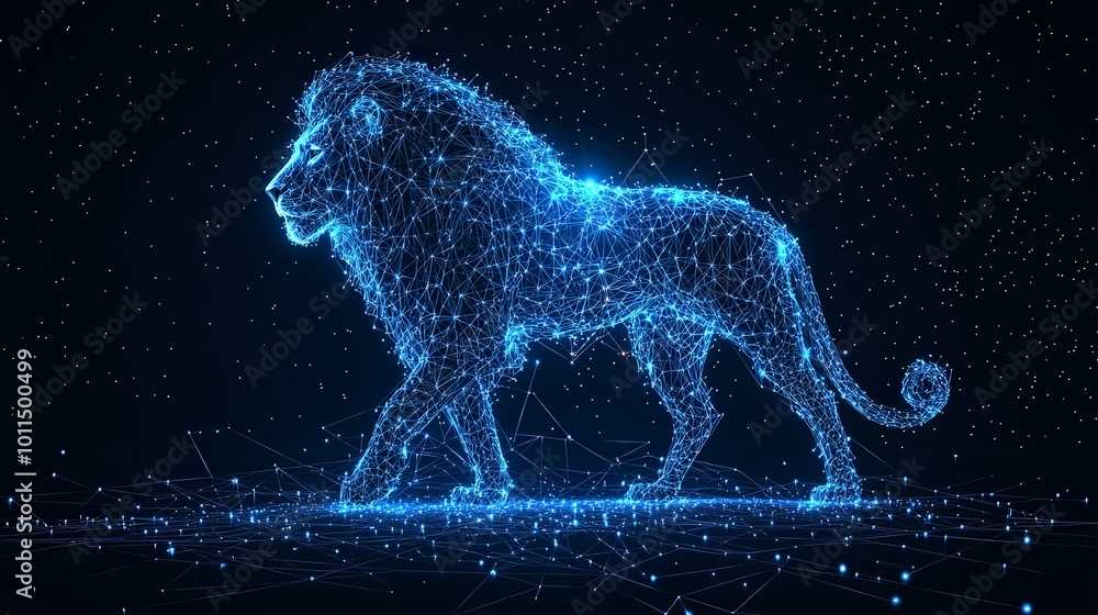 A majestic lion made from digital wireframe patterns, symbolizing leadership and courage, set in a vast star-filled digital universe. A majestic lion made from digital wireframe patterns, symbolizing leadership and courage, set in a vast star-filled digital universe.